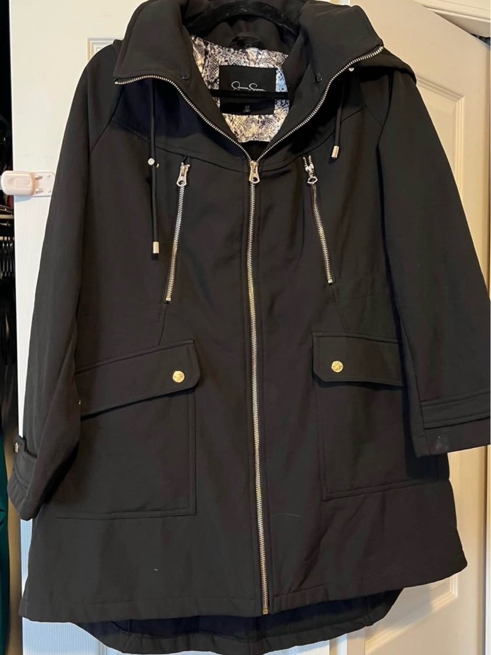Jessica Simpson Black Hooded Coat with Gold Accents